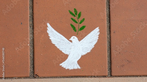 White Dove with Olive Branch Illustration on a Brick Surface Symbolizing Peace and Hope, Ideal for Artistic and Inspirational Projects