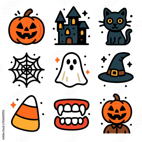 Halloween icons with pumpkins, ghosts, and fangs. Use for social media, invitations, and other spookythemed designs. Great for Halloween!