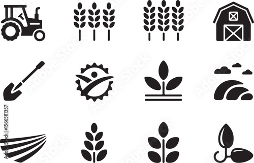 Farming Tools and Tractor Vector Icons

