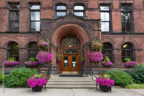 A grand entrance of a red-brick building adorned with vibrant pink flowers