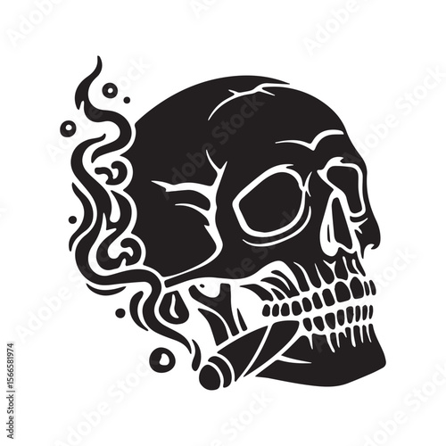 Smoking Skull Silhouette Icon with Cigarette and Smoke Vector Symbol
