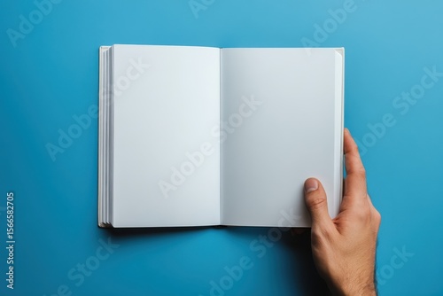 A person is holding a book open to a blank page. The book is on a blue wall. Paper business book mockup in male hand on blue banner. Hardcover mockup blank template.