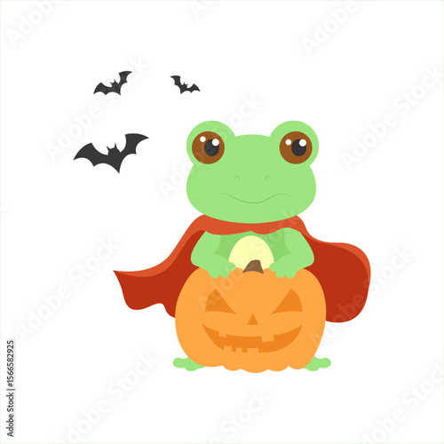 Frog cartoon holding on Halloween pumpkin. Flying creepy bats.