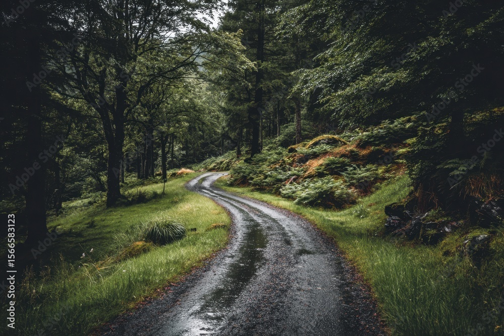 Fototapeta premium A Serene Forest Path in the Rain