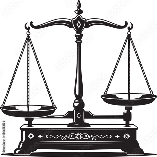 Vector graphic of scales of justice law and order legal balance concept black and white illustration on transparent background