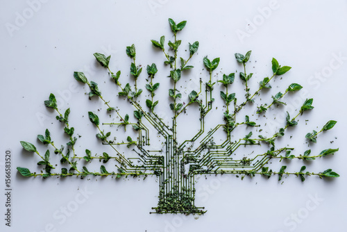 Tree made from dried herbs and green leaves arranged like circuit board on white background, symbolizing technology and nature connection, creative and eco friendly concept