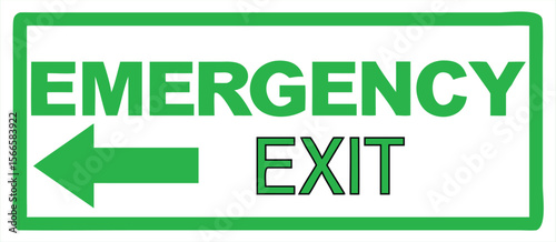 A green and white emergency exit sign with a left-pointing arrow indicating the direction of the exit suitable for safety and evacuation signage