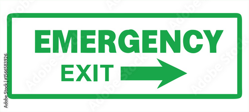 A green emergency exit sign with white background and text indicating the direction of the exit with an arrow pointing to the right