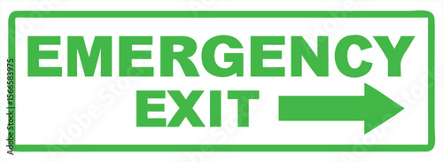Bright green emergency exit sign with bold lettering and a directional arrow pointing to the right on a clean white background