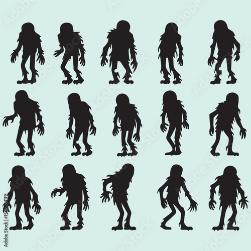 Cartoon Zombie Set Silhouette Creepy Halloween Character Pack