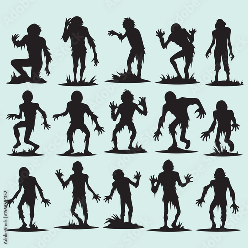 Cartoon Zombie Character Set Silhouette Halloween Horror Illustration