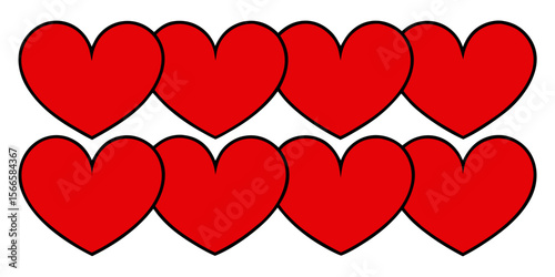 Set of repeating red hearts with black outline, lined up in two rows and creating a pattern. Vector illustration isolated on transparent background