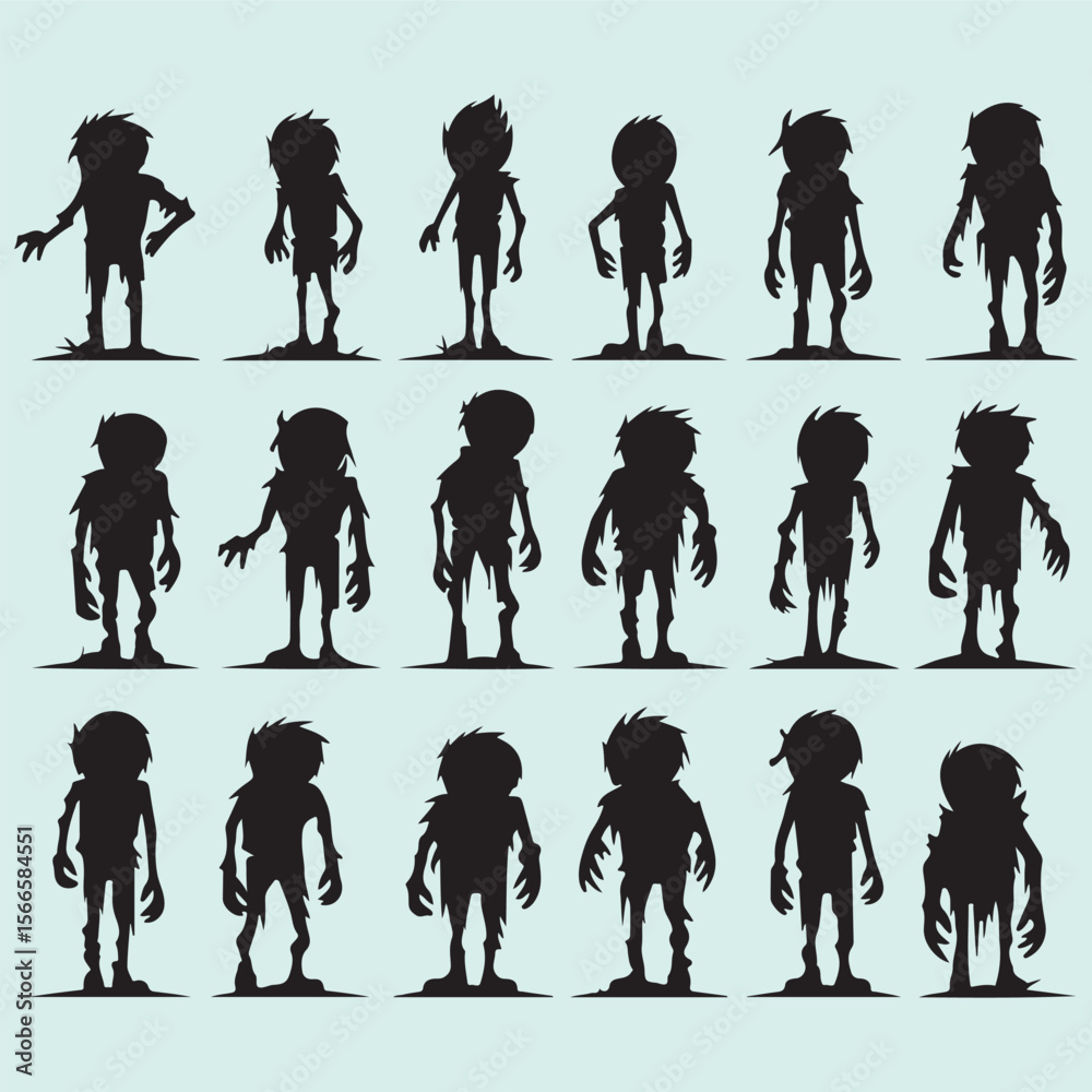 Fototapeta premium Cartoon Zombies Silhouette Set Spooky Halloween Vector