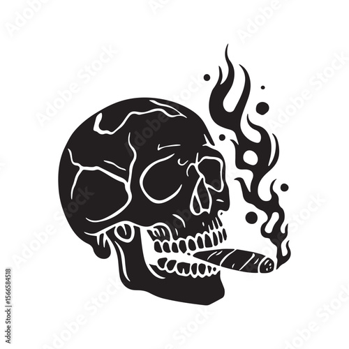 Smoking Skull Silhouette Icon with Cigarette and Smoke Vector Symbol