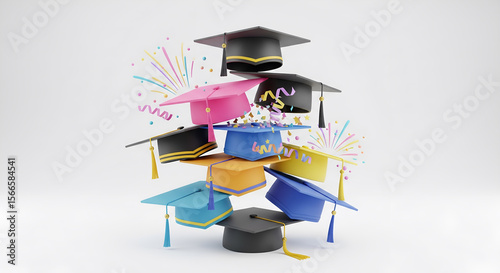 3d rendered isolated graduation mortarboards caps whith party ribbons in a white abstract background