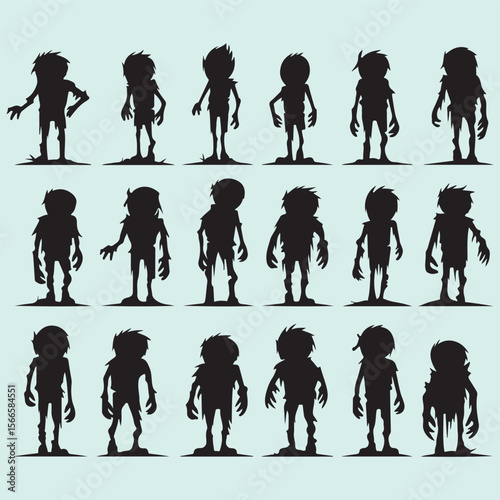 Cartoon Zombies Silhouette Set Spooky Halloween Vector