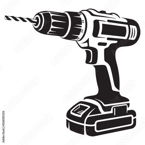 Black and white graphic illustration of a cordless power drill with a drill bit