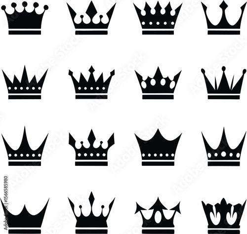 Collection of sixteen diverse black royal crowns on a white background.