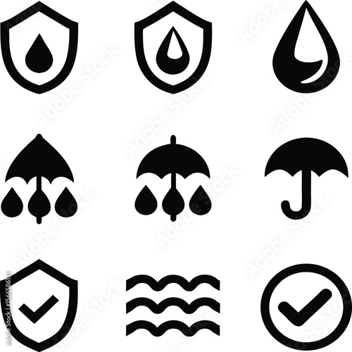 Collection of waterproof and water resistant icons for protection and safety.