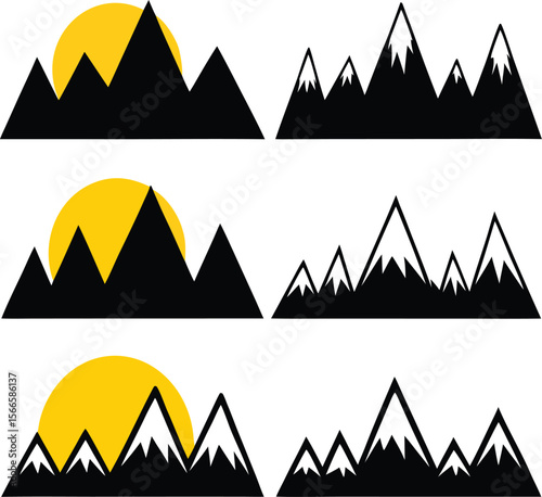 Stylized mountain ranges with sun and snow capped peaks.