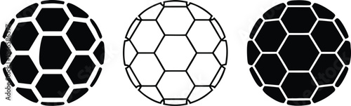Three soccer balls in black and white with hexagonal patterns.