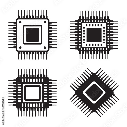 Four black silhouette icons of computer microchips with pins on a white background