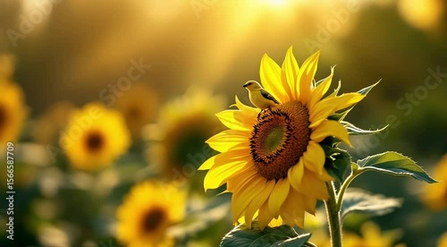 Bright yellow sunflowers bloom beautifully in a summer garden, with bees buzzing among the petals under a clear sky, 4k animal video 