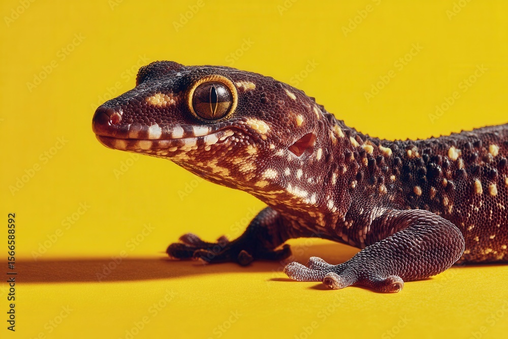 Fototapeta premium A vibrant gecko with a captivating pattern of brown spots stands out against a bright yellow background, embodying the essence of nature's intricate designs