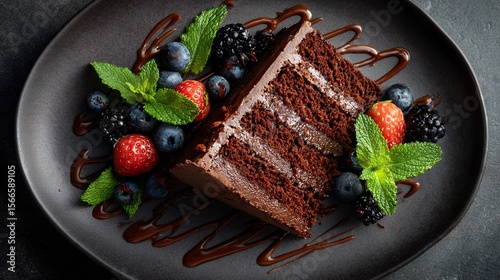 Fotografie Decadent Chocolate Cake Slice with Fresh Berries and Mint Garnish
