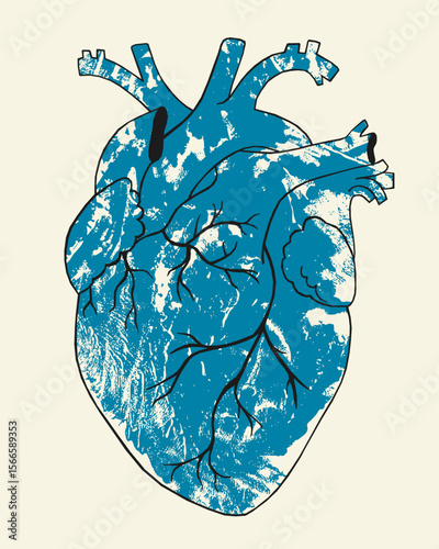 Artistic vector illustration of an anatomical heart with a texture effect in blue on a light background. Symbolizes emotions, human nature, state of mind and inner world