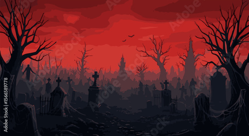Haunted Graveyard at Dusk with Rising Undead and Blood-Red Sky
