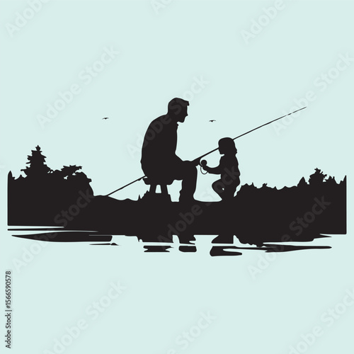 Dad Fishing with Child Silhouette Vector Peaceful Outdoor Scene