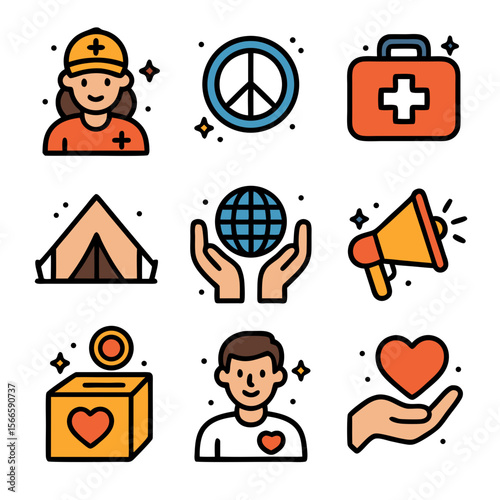 Humanitarian aid charity icons in vivid colors suitable for websites, social media posts, posters, and presentations advocating for global support.