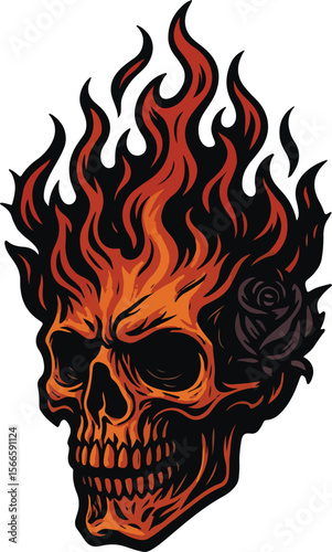 Burning Skull Art: An intricately designed skull engulfed in vibrant flames, enhanced with a dark rose, evoking an aura of edgy artistry and captivating visual storytelling.