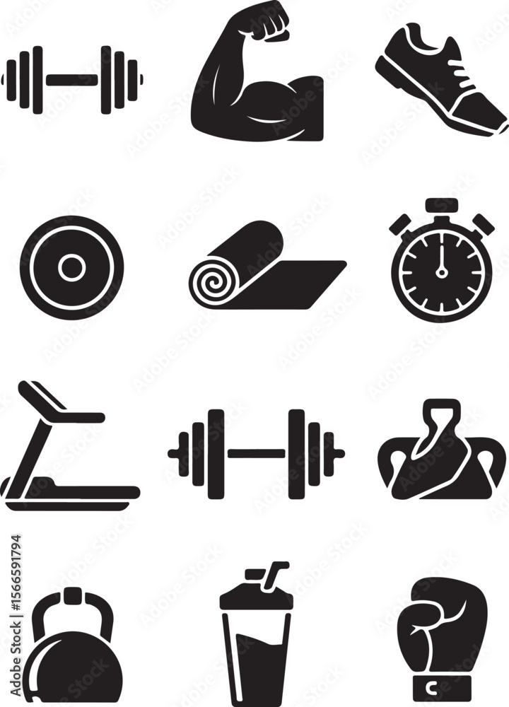 Fototapeta premium Bodybuilding Vector Icons – Muscular Arms and Gym Tools