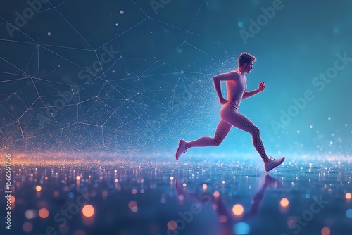 Running Man in glowing polygonal connection dots with futuristic silver geometric background with copy space