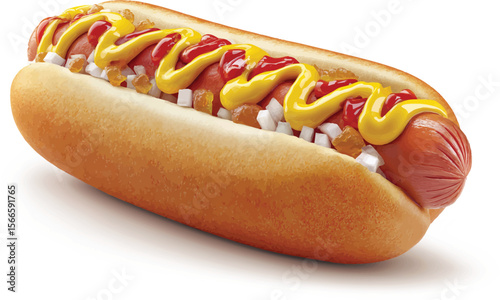Delicious hot dog with mustard, ketchup, and toppings ready to enjoy for a tasty meal, perfect for food concepts or a food-related promotion.