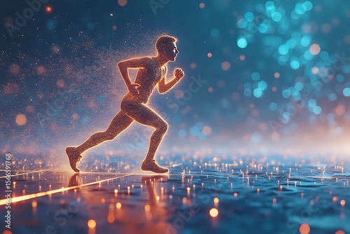 Running Man in glowing polygonal connection dots with futuristic silver geometric background with copy space