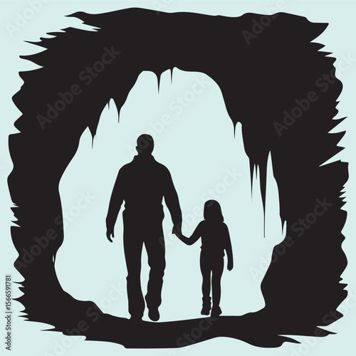 Dad and Child Cave Exploring Silhouette Underground Nature Scene