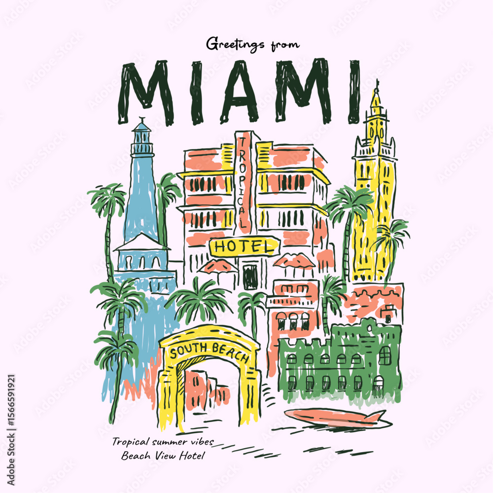 Obraz premium hand art Miami illustration. tropical summer vibes. watercolor painting effects for graphics. palm tree miami beach artwork. t shirt design for beach vibes. summer prit design..ai