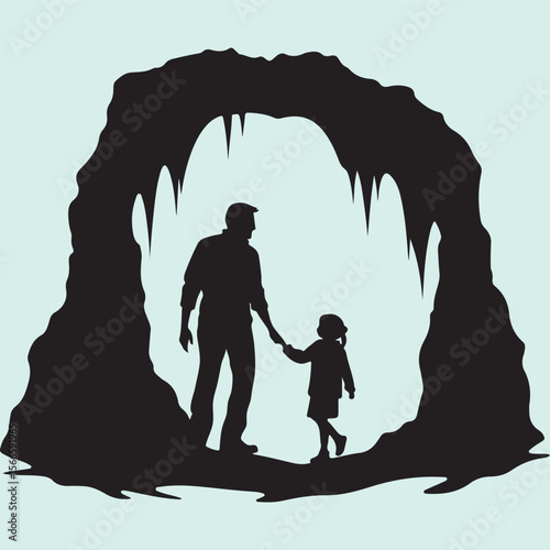 Family Cave Exploration Silhouette Icon Father and Child Moment
