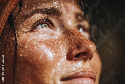 A serene moment captured in the gentle dance of raindrops on a person's face