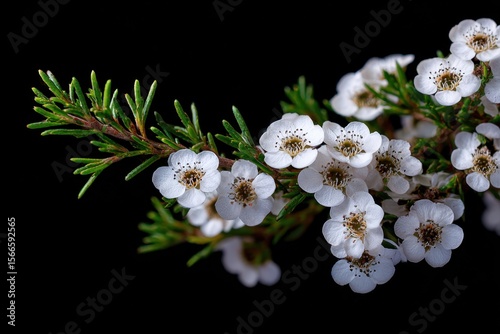 A delicate bouquet of white flowers against a stark black background, symbolizing purity and tranquility