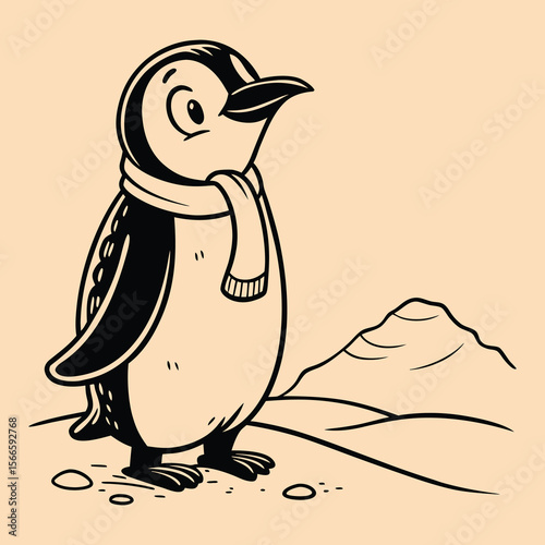 Adorable Penguin Illustration Winter Wildlife Vector Art, Antarctic Animal Cartoon, Cute Penguin in Scarf,  Black and White Penguin Design, EPS Vector Graphic
