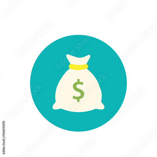 Flat icon of a money bag with a dollar sign, set against a teal circular background. Perfect for financial, business, or banking visuals in digital and commercial design.