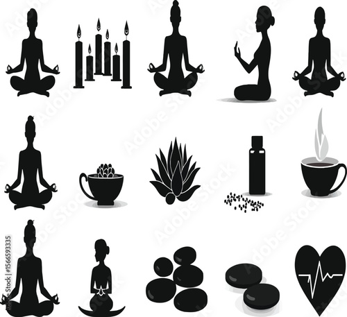 Silhouettes of Individuals Practicing Yoga and Meditation in Various Poses for Wellness, Mindfulness, and Holistic Lifestyle Design Concepts