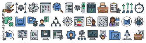 Project management icons in color line style. Includes workflow, task tracking, planning, strategy, time management, productivity, scrum, business goals, and agile tools. Vector illustration