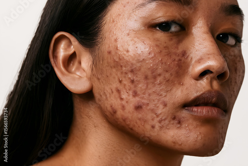 Realistic portrait of Asian woman with severe acne and skin imperfections, unretouched beauty campaign for skincare diversity and acceptance, high-resolution close-up in studio lighting