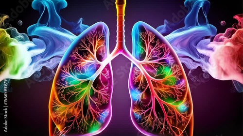 Vibrant and stylized human lungs illustration with colorful smoke on a dark background conveying health and medical themes