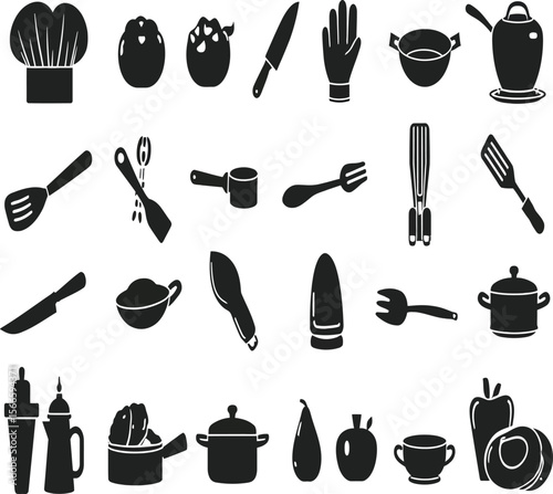 Silhouettes of Kitchen Utensils and Food Items Including Pots, Pans, Cutlery, and Cooking Tools for Culinary, Recipe, and Kitchen Design Projects